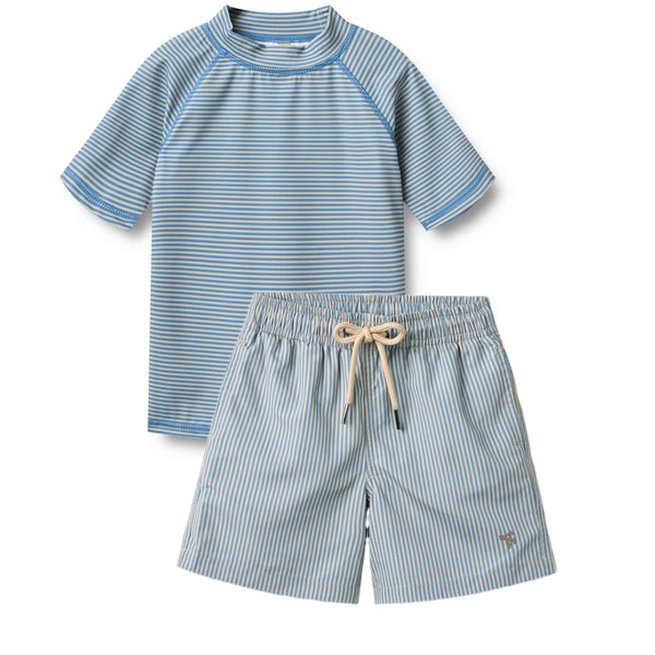 Wheat Blue Swim Stripe Jackie Swim T-Shirt & Hansi Swim Trunks