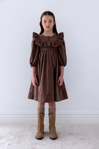 Petite Amalie Chocolate Ruffle Yoke Cord Dress
