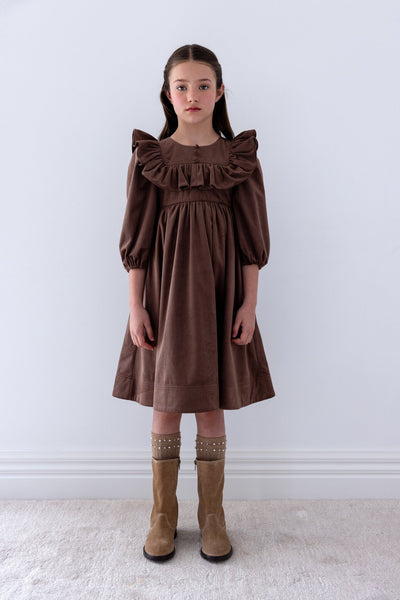 Petite Amalie Chocolate Ruffle Yoke Cord Dress