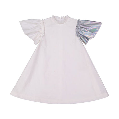 EURO WHITE WITH SILVER FLUTTER SLEEVE DRESS