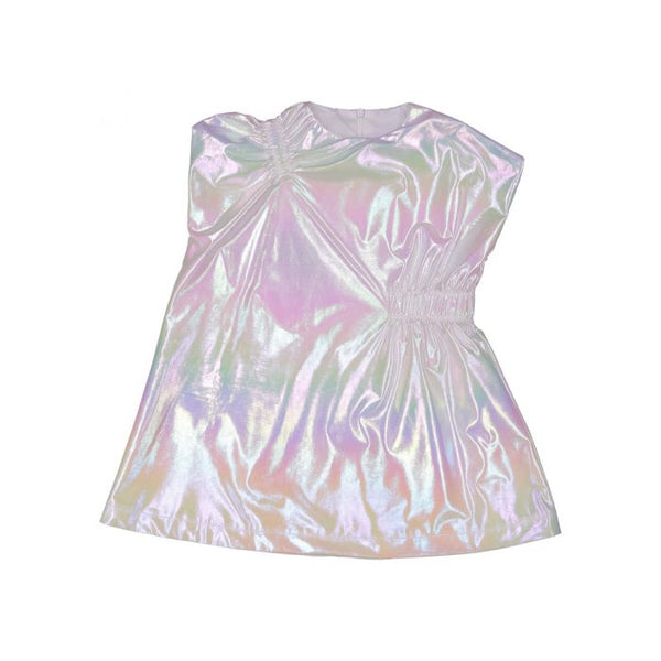 EURO SHIMMER PUFF SLEEVE A LINE DRESS IN IRIDESCENT