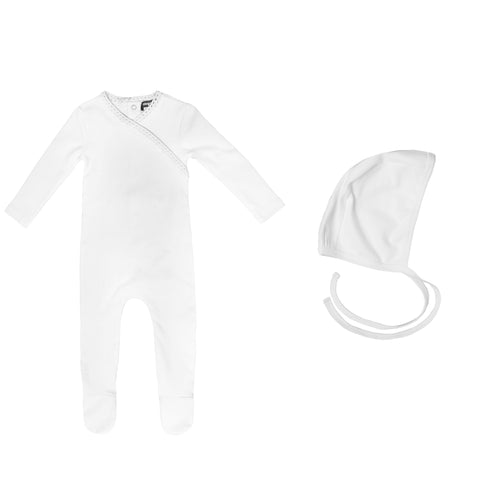 NOGGI WHITE CROCHET TRIM FOOTIE AND BONNET