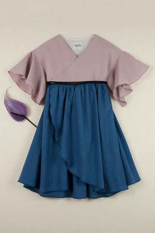 Popelin Girls Blue Pink Wrap Dress Popelin Girls Blue Pink Wrap Dress