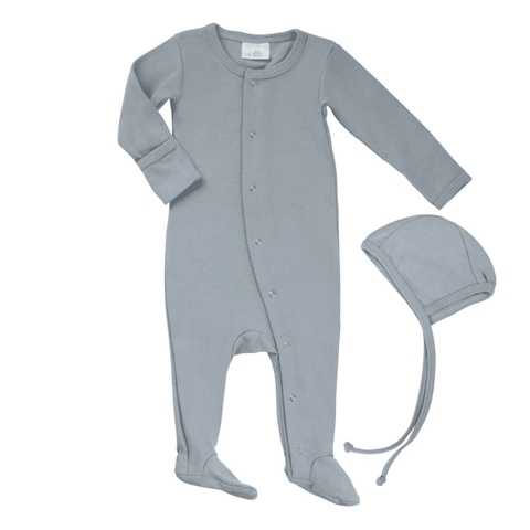 Petals and Peas Double Stitched Blue Ash Baby Footed &amp; Gloved Onesie &amp; Bonnet