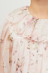 PETITE AMALIE PINK ROSE PRINTED ORGANZA RUFFLE COLLAR DRESS