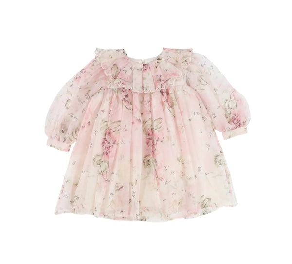 PETITE AMALIE PINK ROSE PRINTED ORGANZA RUFFLE COLLAR DRESS