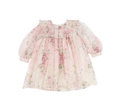 PETITE AMALIE PINK ROSE PRINTED ORGANZA RUFFLE COLLAR DRESS