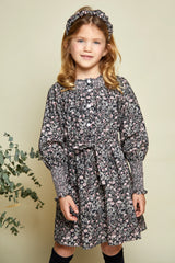 NUECES PINK/BLACK FLOWER JUNE DOUBLE SMOCKED DRESS