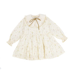 COSMOSOPHIE IVORY FLORAL RUFFLE COLLAR TIE DRESS