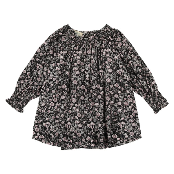NUECES PINK/BLACK FLOWER JUNE DOUBLE SMOCKED DRESS