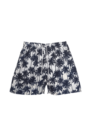 SUNCRACY WHITE AND NAVY PALM TREE PRINT SWIM TRUNKS