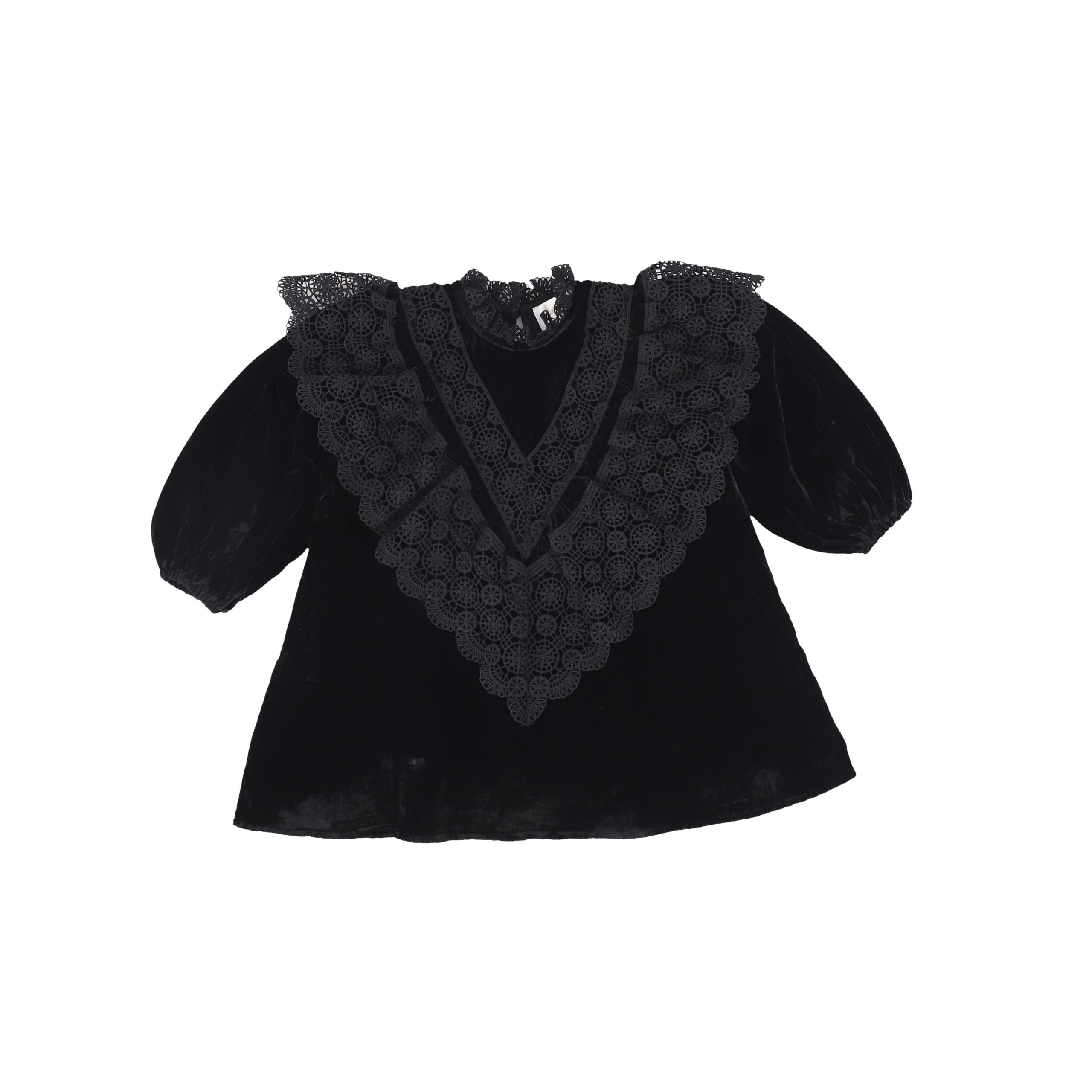 PETITE AMALIE BLACK VELOUR CROCHET TRIM DRESS – BellaKidsNY